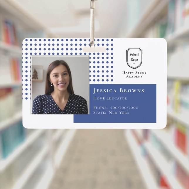 Badge Carte d'étudiant Logo de l'école Bleu profond Phot (Student ID Deep Blue School Logo Photo Badge)