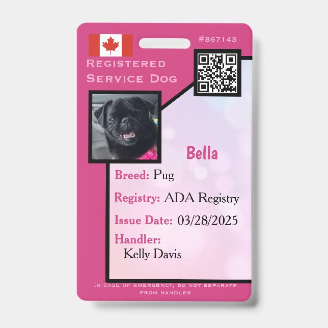Badge Carte d'identité de chien de service rose vertical (Avant)