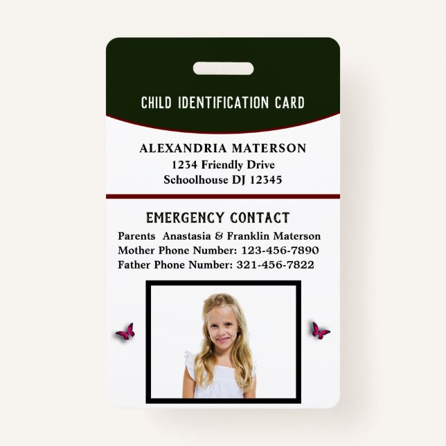 Badge Carte d'identité de fille pour enfant en cas d'urg (Devant)