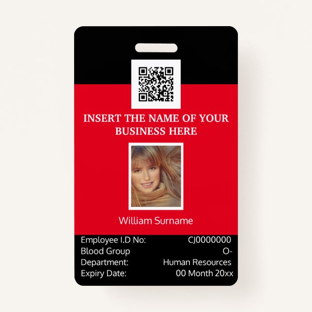 Badge Carte d'identité de l'employé PERSONNALISÉ rouge v (Devant)