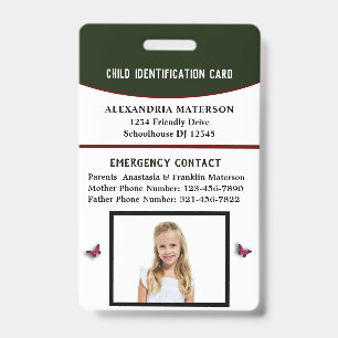 Badge Carte d'identité d'urgence pour enfant garçon fill