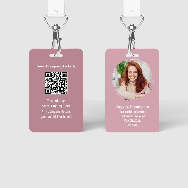 Badge Carte d'identité employé code QR photo moderne ros (Pink business photo ID Badge with QR code template.)