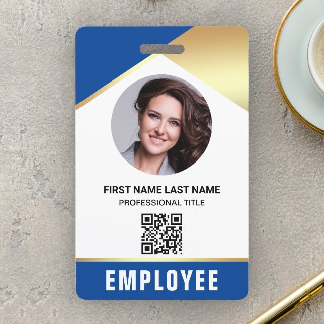 Badge Carte d'identité employé Code QR Photo Nom Or Bleu (Créateur téléchargé)