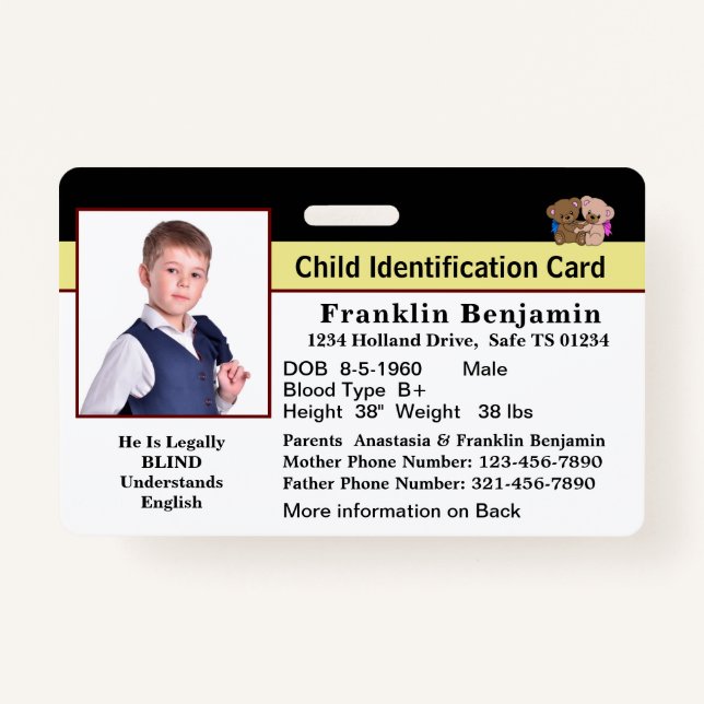Badge Carte d'identité Enfant Bébé Photo d'urgence (Devant)