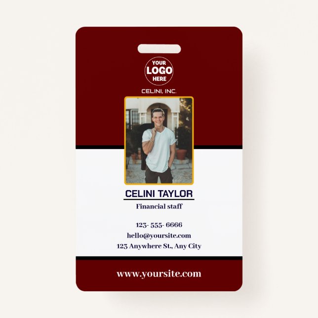 Badge Carte d'identité Maroon moderne avec photo et logo (Devant)