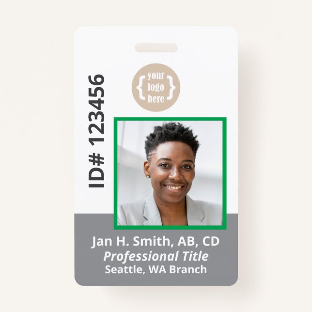 Badge Carte d'identité photo d'employé blanc gris vert (Devant)