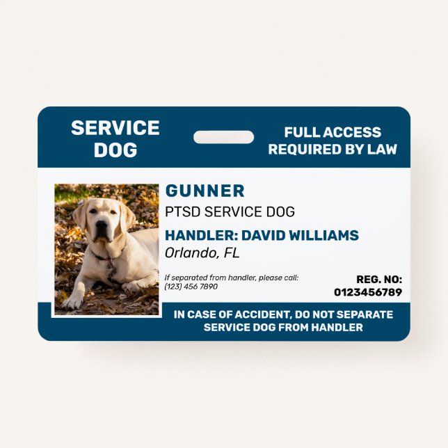 Badge Carte d'identité photo pour chien de service bleu  (Devant)