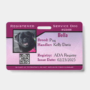 Badge Carte d'identité pour chien de service pourpre