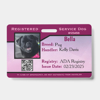 Badge Carte d'identité pour chien de service pourpre