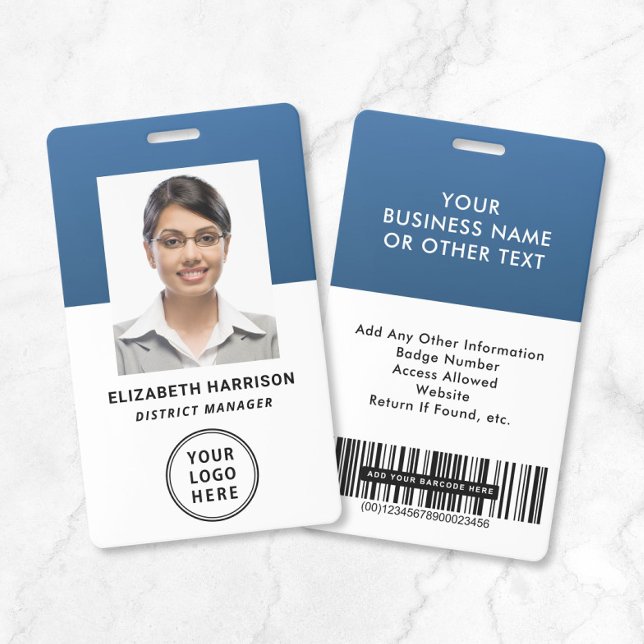 Badge Carte d'identité professionnelle avec code-barres  (Business Logo Barcode Blue Employee Photo ID Badge)