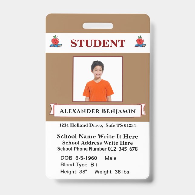 Badge Carte d'identité scolaire pour élèves et étudiants (Avant)
