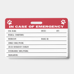 Badge Carte d'information médicale d'urgence pour chien