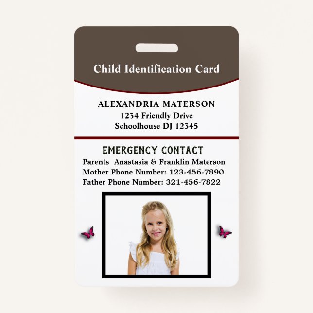 Badge Carte d'urgence d'identification d'enfant (Devant)