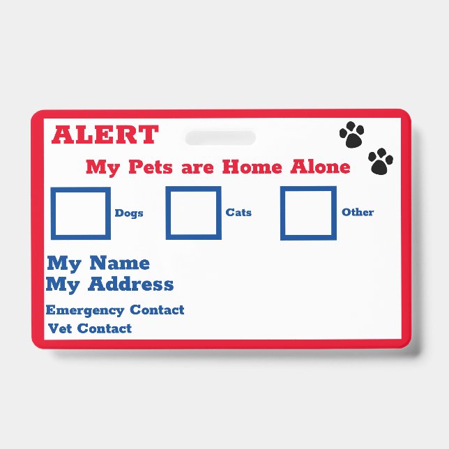Badge Carte Portefeuille d'alerte pour animaux  (Front)