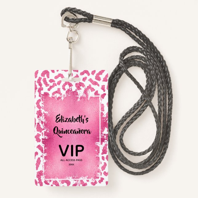 Badge Carton d'invitation VIP Quinceañera Léopard Rose B (Devant avec lanière)