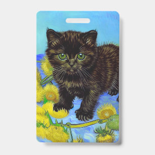 Badge Chat de style Van Gogh avec tournesols