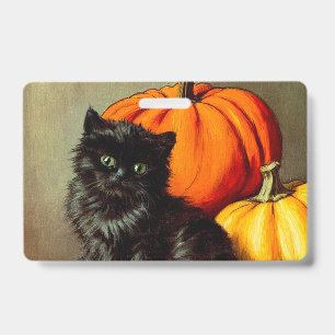 Badge Chat noir vintage d'Halloween et Citrouilles