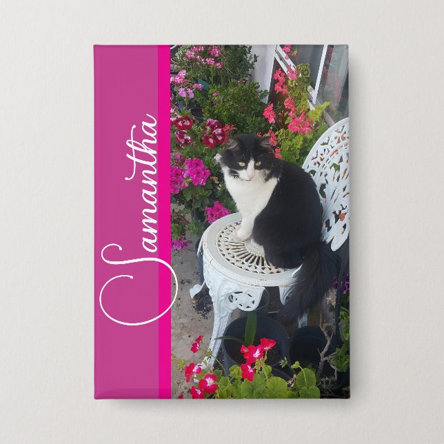 Badge Chat smoking Cats et Fleurs Filles Nom Rose foncé  (Recto)