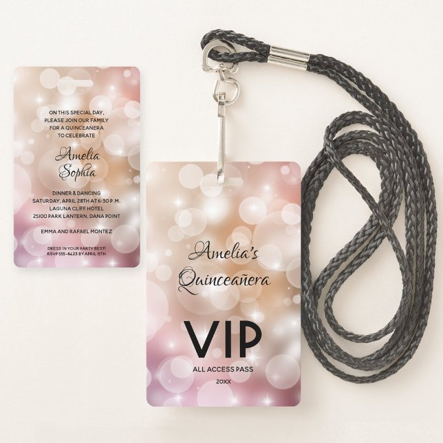 Badge Chic Blush Pink Quinceañera Invitation VIP Pass (Créateur téléchargé)