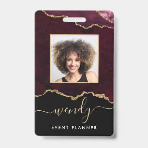 Badge Chic Photo Agate Noir Bourgogne Rouge Paillettes O