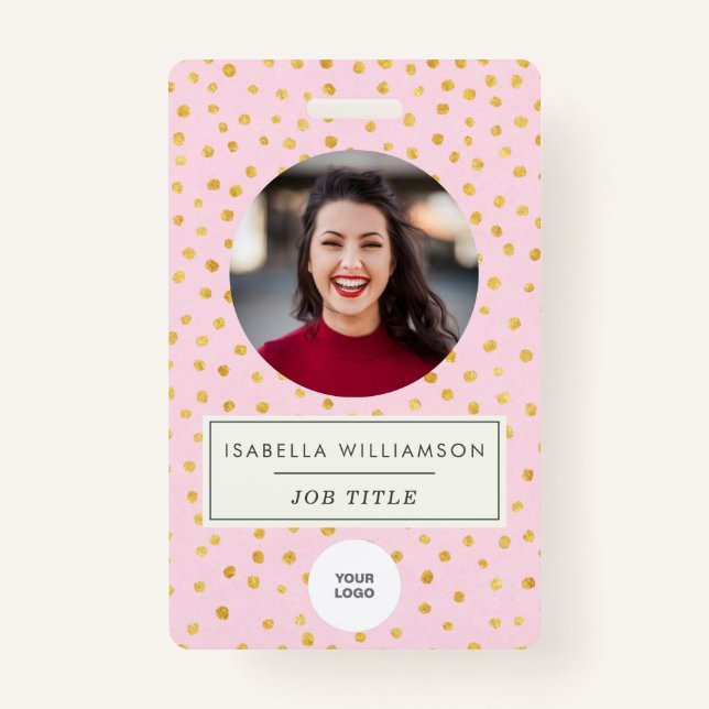 Badge Chic Pink Gold Dot Employé Photo ID Entreprise  (Devant)