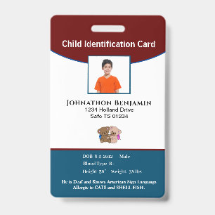 Badge Child Boy Girl Photo Parent Contact ID d'alerte