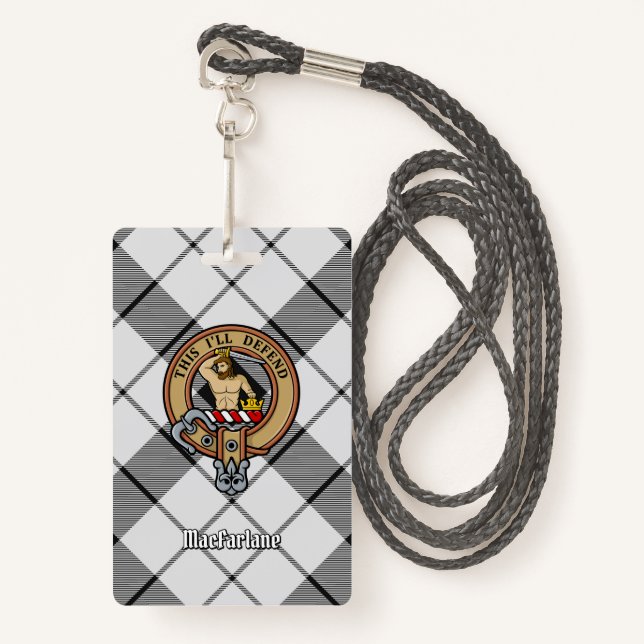 Badge Clan MacFarlane Crest sur tarte noir et blanc (Devant avec lanière)