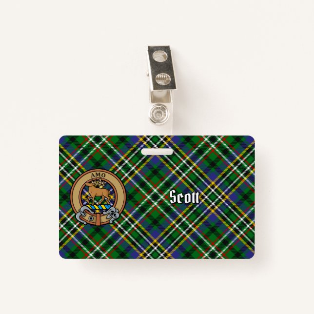 Badge Clan Scott Crest sur Green Tartan (Devant avec clip)