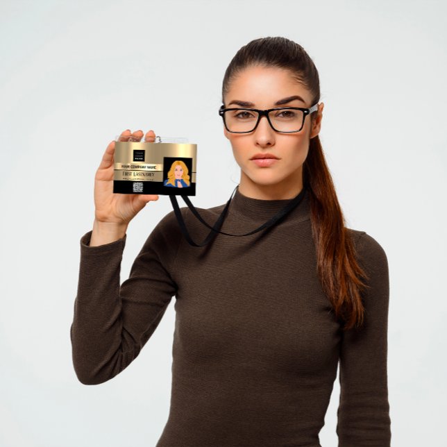 Badge Code-barres de l'employé Scanneur de nom Black Gol (Employee Barcode Logo Name Scanner Black Gold Lux Badge)