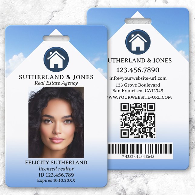 Badge Code photo de l'agent immobilier Blue White (Professional photo ID badge featuring your custom photo and logo on an elegant blue white design)