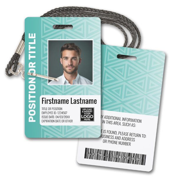 Badge Code photo de l'employé - tribal moderne, code à b (Plastic ID Badge - Customize with Employee Photo and Credentials. Teal Tribal Pattern Accents)