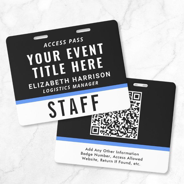 Badge Code QR du laissez-passer d'accès à l'événement Bl (Event Access Pass QR Code Black Blue ID Badge)