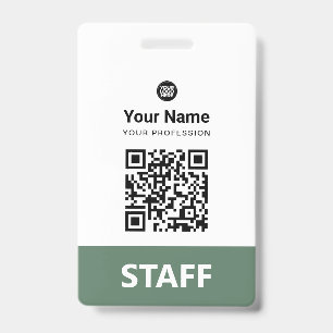 Badge Code QR employé vert sauge, code-barres, logo, nom