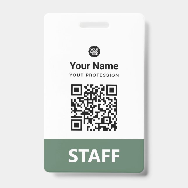 Badge Code QR employé vert sauge, code-barres, logo, nom (Avant)