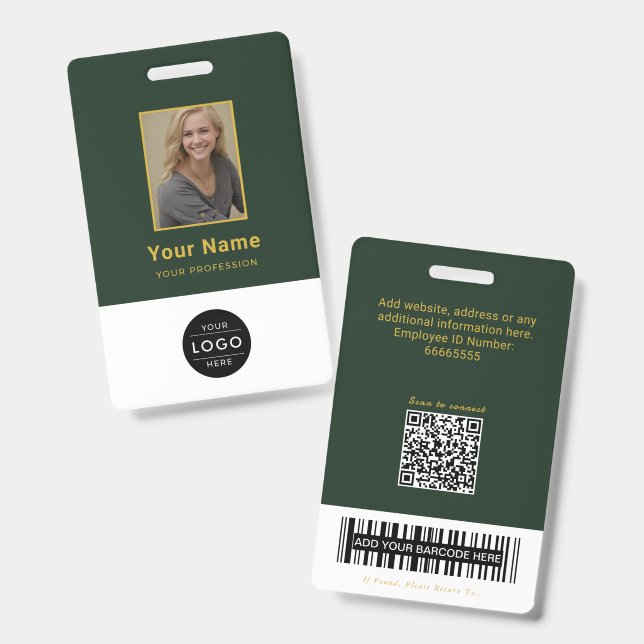 Badge Code QR ID Code-barres Or Vert Forêt Luxe (Avant & arrière)