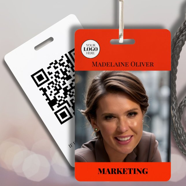 Badge Code QR photo rouge et nom de l'employé Logo  (Créateur téléchargé)