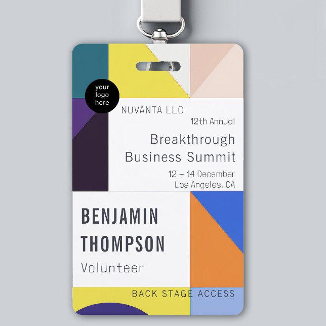 Badge Conference Business Corporate Event Nom géométriqu (event badge template business corporate conference design modern professional colorful happy brand)