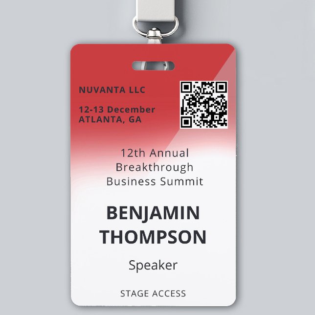 Badge Conférence Entreprise Événement Gras Red QR (event badge template business corporate conference design modern professional branding bold red qr)