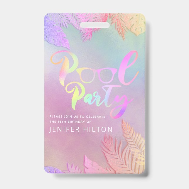 Badge Cool holographique tropical feuille script pool (Front)
