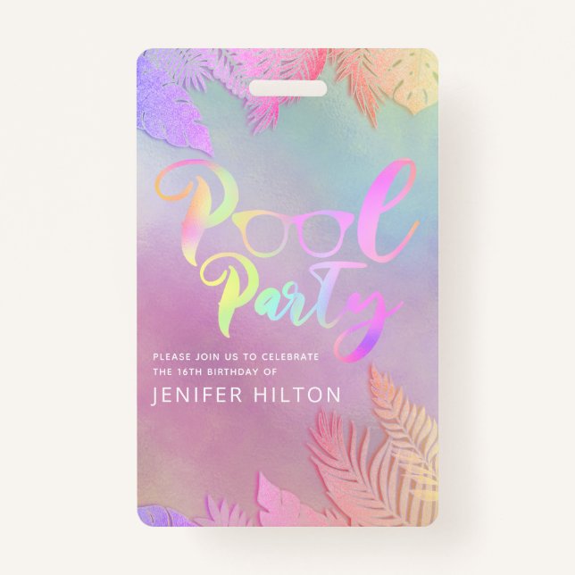 Badge Cool holographique tropical feuille script pool (Devant)