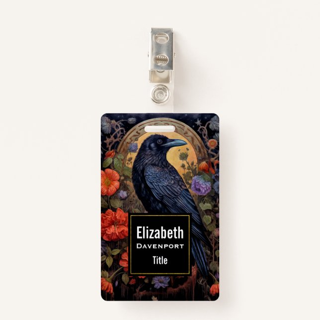 Badge Corbeau noir avec fleurs Design gothique (Devant avec clip)