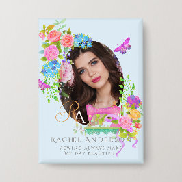 Badge Coudre Ruban Floral Monogramme Photo Bleu