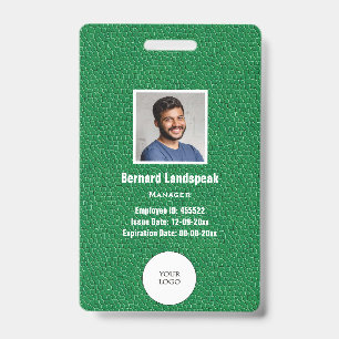 Badge Cuir Vert & Photo de l'employé & Logo, Code-barres