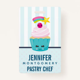 Badge Cupcake bleu mignon avec visage Kawaii
