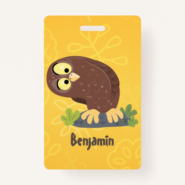 Badge Curieux et drôle dessin animé de chouette brune (Devant)
