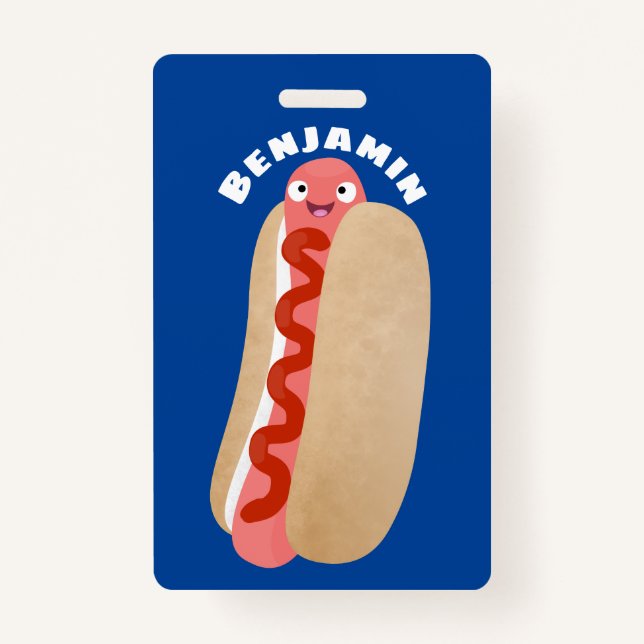Badge Curieux hot dog Weiner dessin animé (Devant)