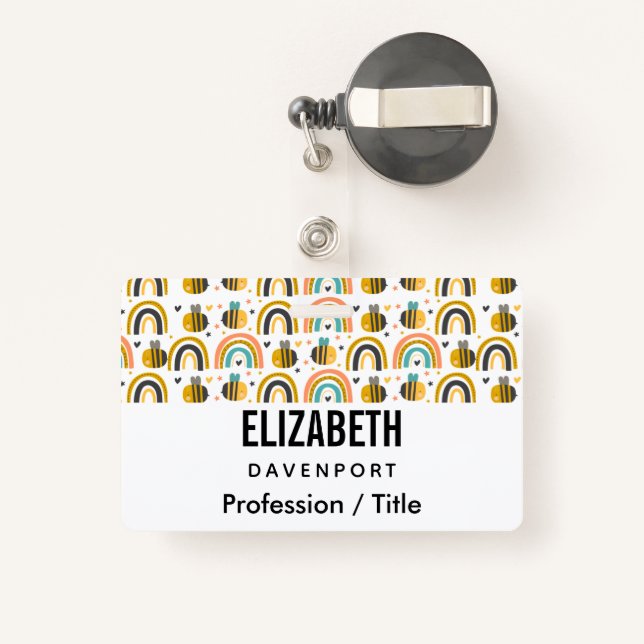 Badge Cute Bumble Bee et Rainbows Motif (Back with Retractable)