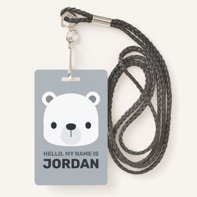 Badge Cute petit ours polaire avec nom personnalisé (Devant avec lanière)