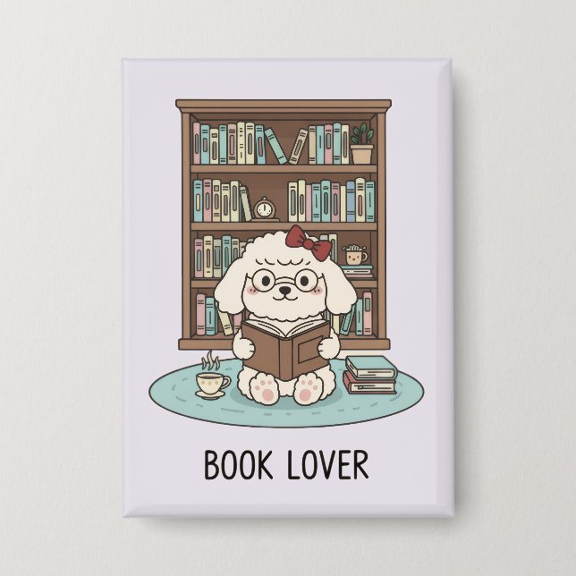 Badge Cute Poodle Puppy Dog "Book Lover" Pastel Button  (Recto)