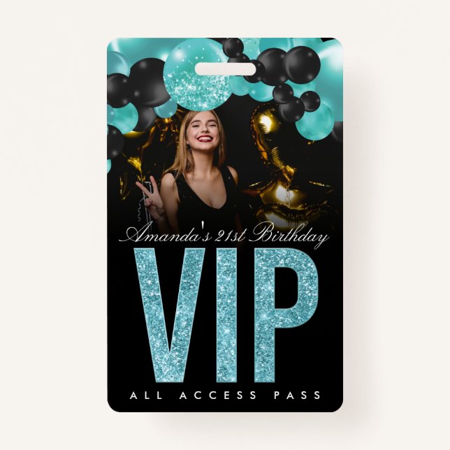 Badge d'accès VIP personnalisable Turquoise et noi (Devant)
